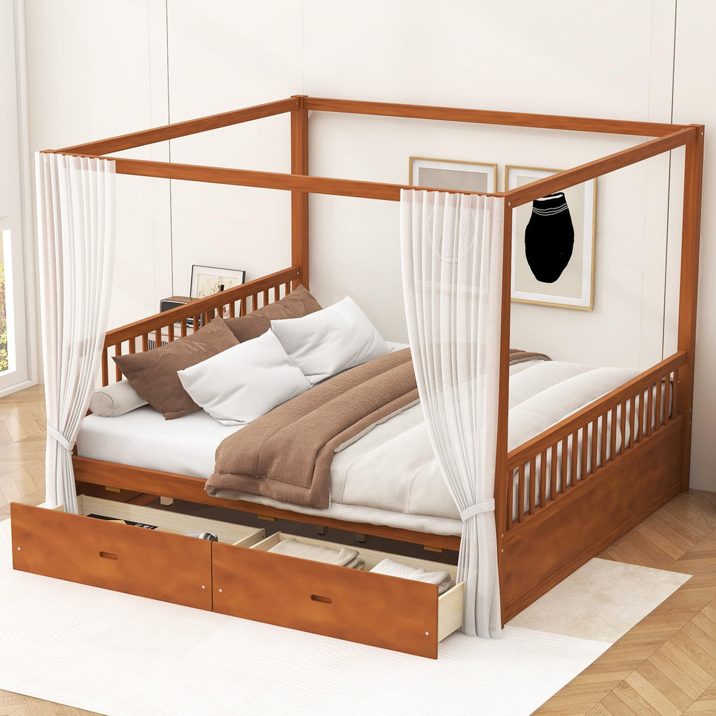 Queen Size Wood Canopy Bed Frame, Walnut Vintage Four-Posters Frames