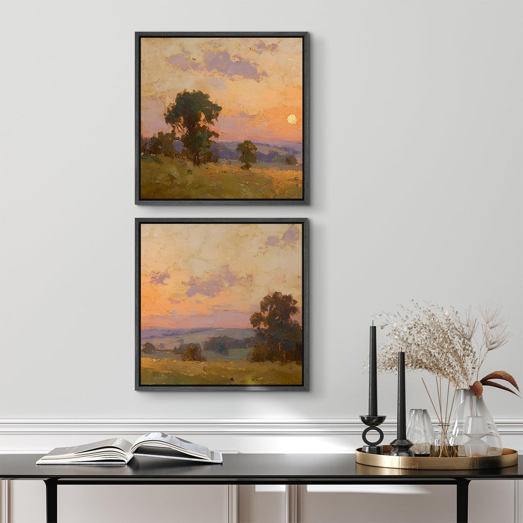 Framed Canvas Print Wall Art Set Golden Sunset Field Landscape Impressionist Countryside Illustrations Modern Art