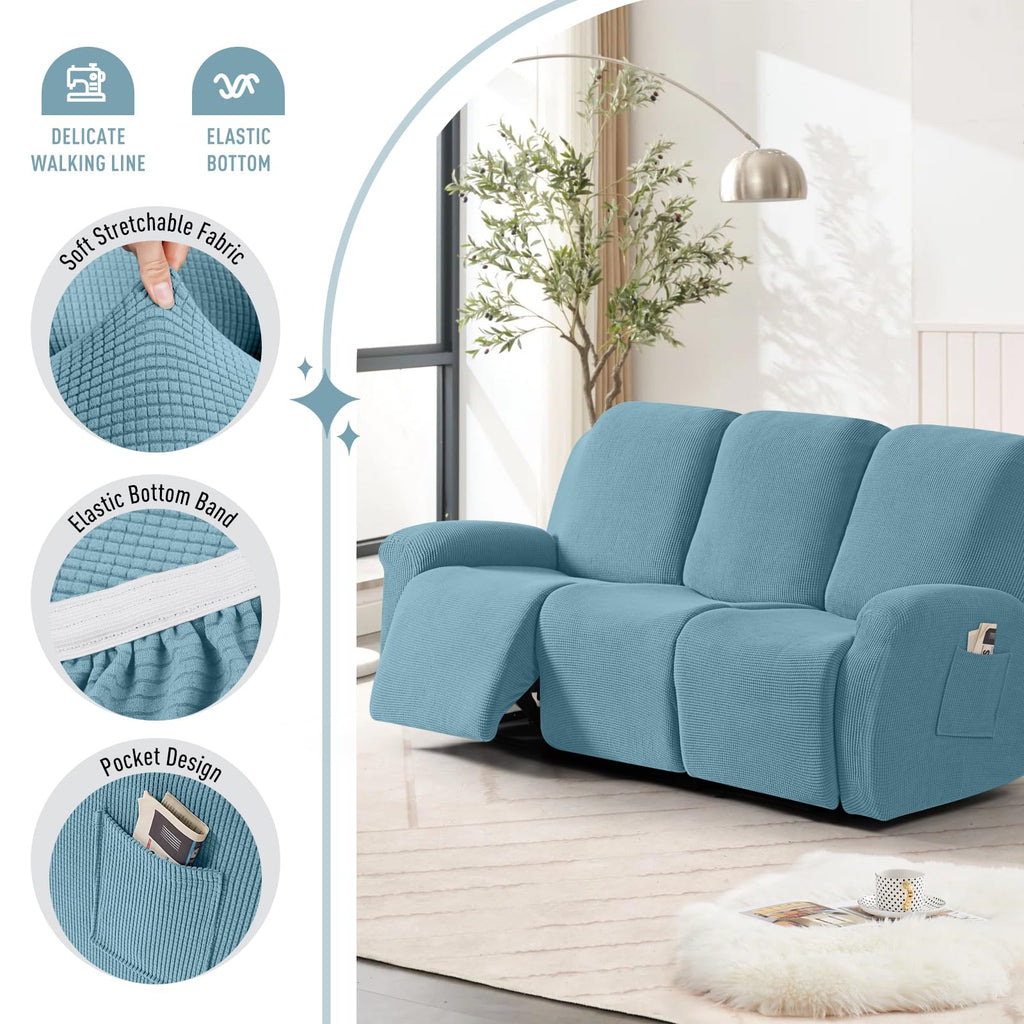 Stretch Recliner Sofa Covers 8 Piece, Dusty Blue