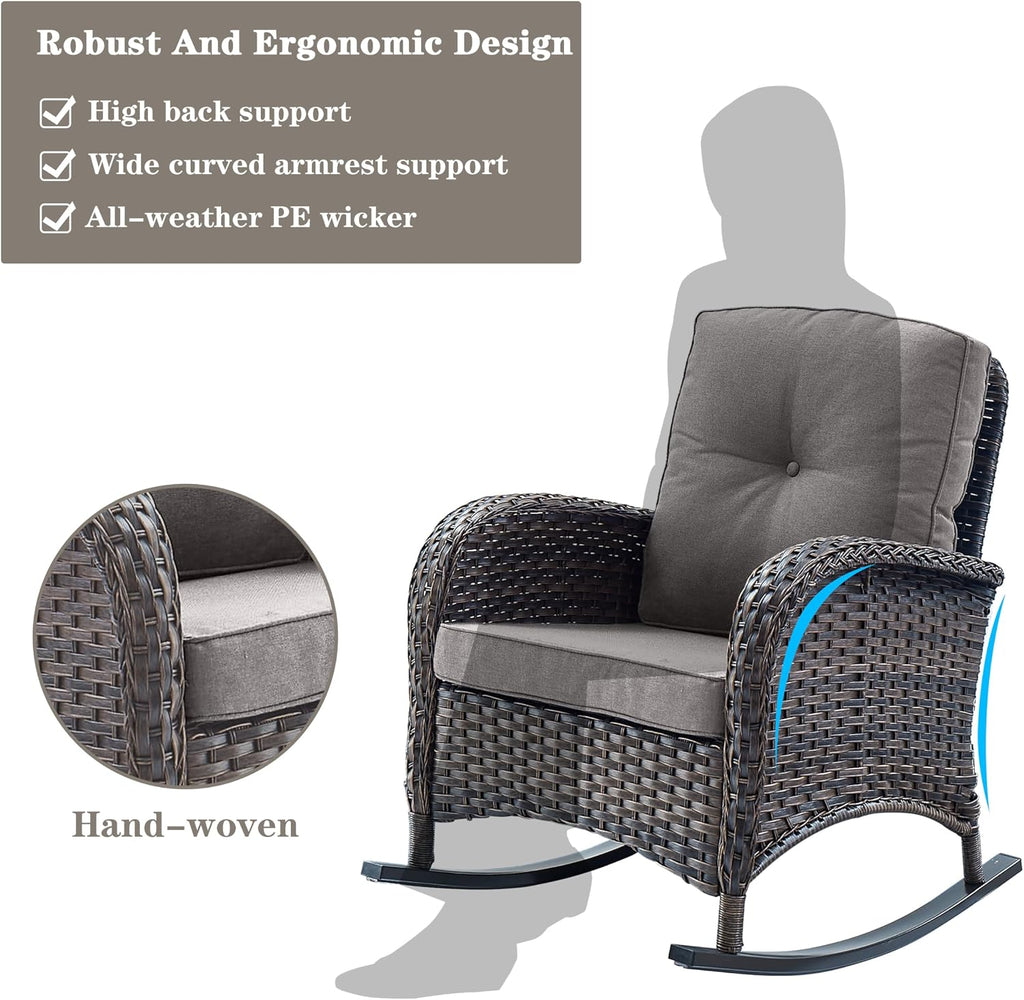 Wicker Porch Rocking Chairs - 3 Pieces Patio Bistro Set High Back Outdoor Rocker Chairs Set with Side Table for Deck