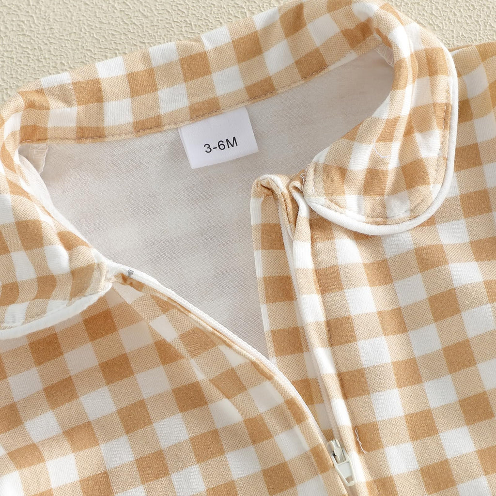 Newborn Baby Boy Girl Gingham Footed Romper Plaid Print Peter Pan Collar Long Sleeve Jumpsuit Coming Home Outfit