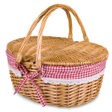 Wicker Picnic Basket with Lid and Handle Sturdy Woven Body with Washable Plaids Liner, Red