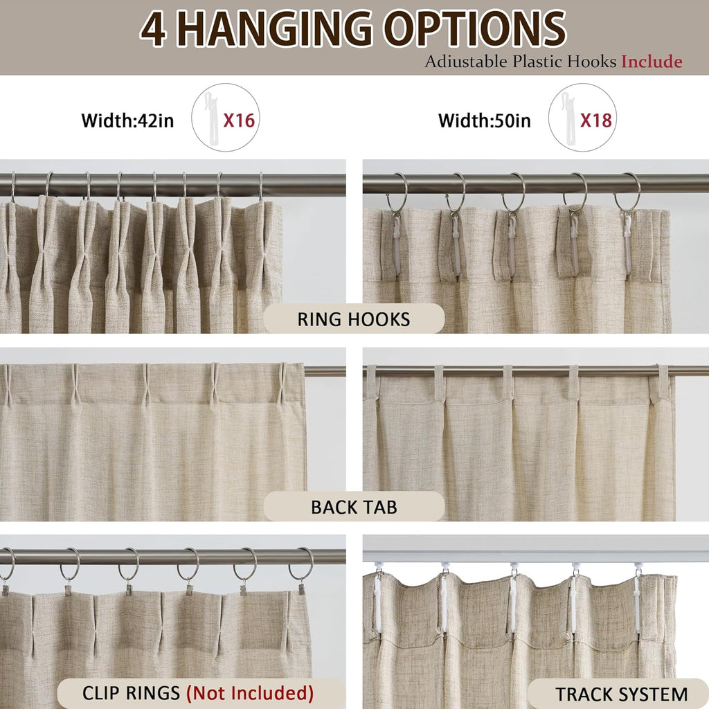 Beige Sheer Pinch Pleated Curtains 2 Panels, Back Tab Pleated Drapes Hooks Thick Linen Textured Boho