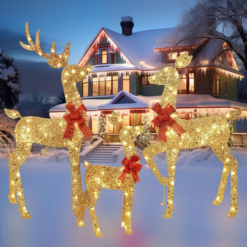 3-Piece 2D Lighted Christmas Deer Family Set - Large Outdoor Yard Reindeer Holiday Decoration with 145 LED Lights