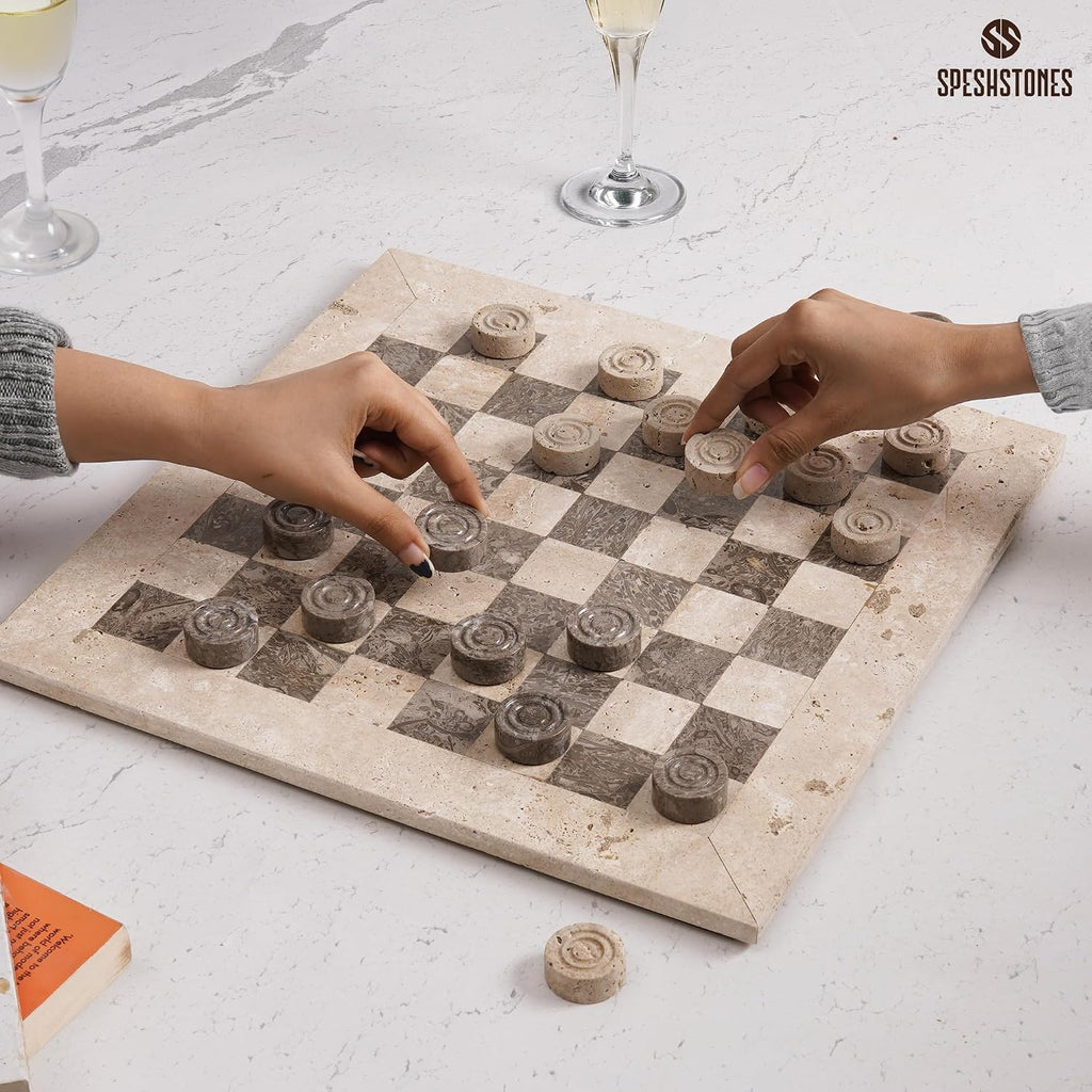 Marble Checkers Set 15 Inches Handmade Travertine & Oceanic