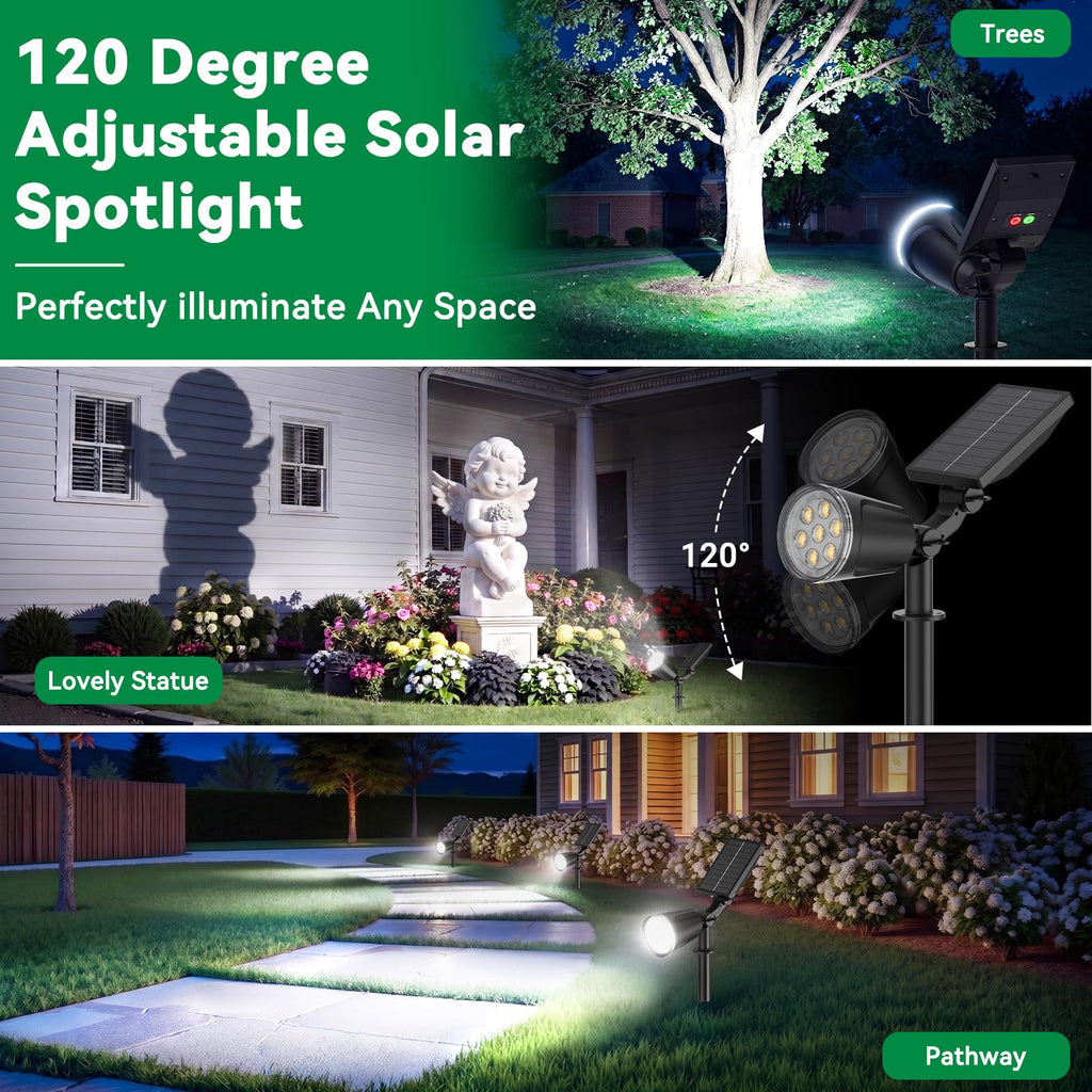 Solar Lights Outdoor Spot Light Waterproof: 1000LM Adjustable Cool White Spotlights - 2-in-1 15Hrs+ Bright Wall Spot