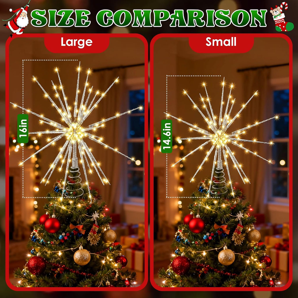 LED Starburst Christmas Tree Topper with Timer, Silver, 16inch