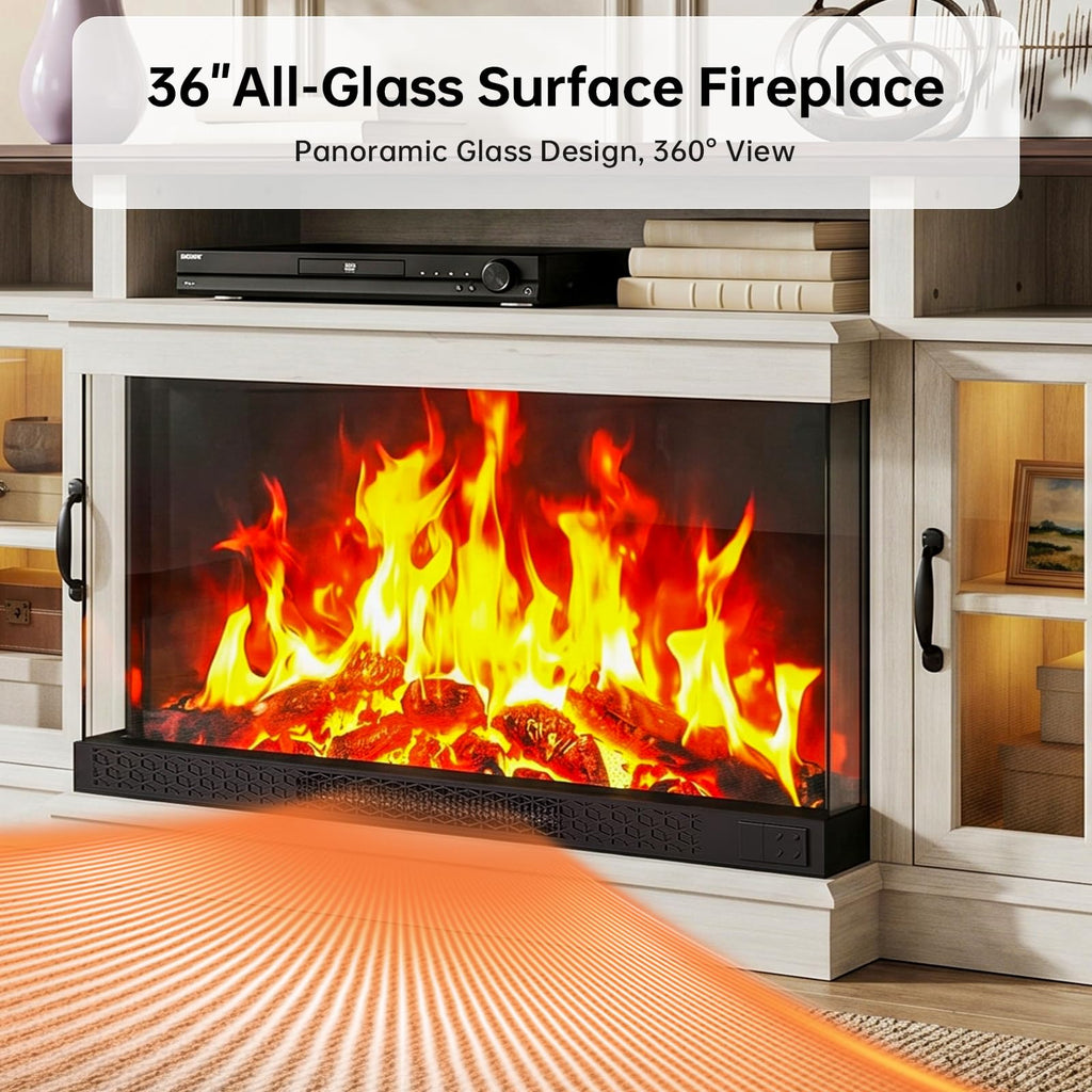 80" Farmhouse Fireplace TV Stand, 3‐Sided Glass Fireplace, White