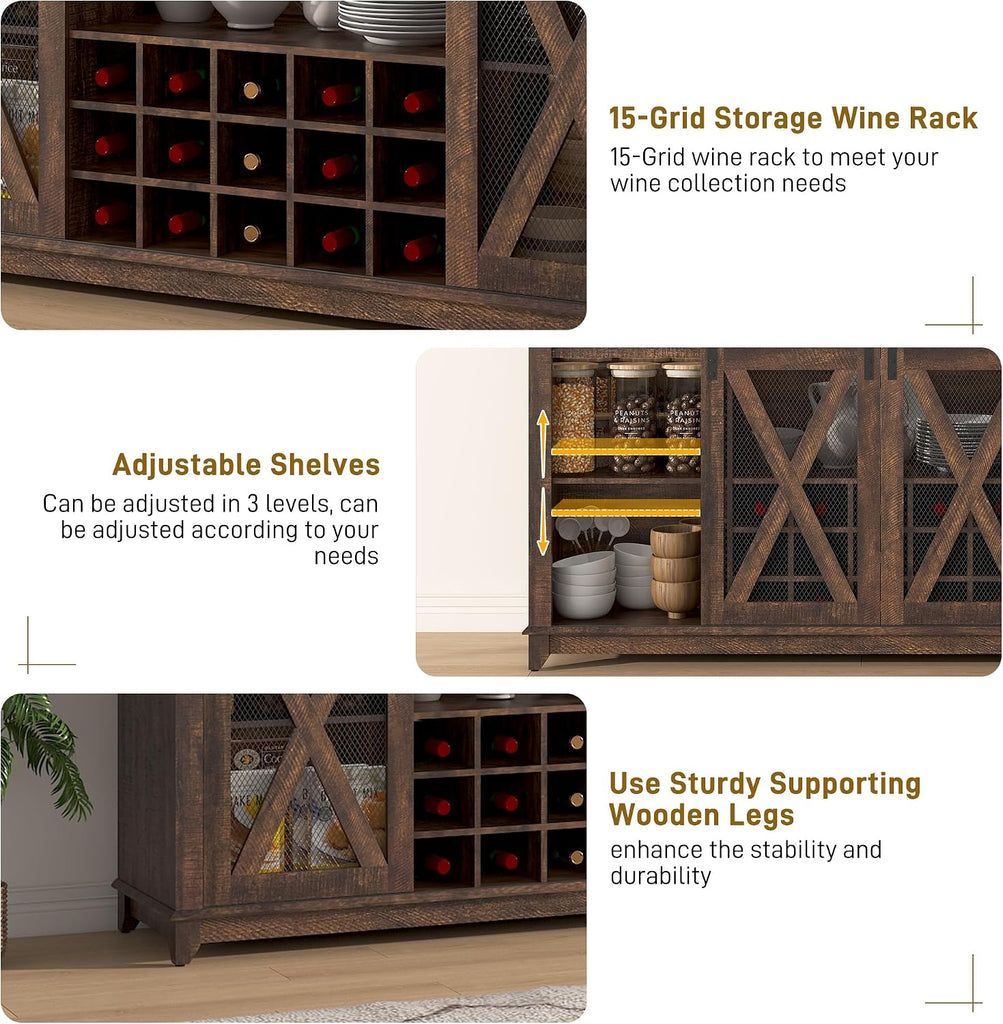63"Wide 58"H Farmhouse Coffee Bar Cabinet with Power Outlet and LED Light,Wine Bar Cabinet w/ 4 Storage Hutch,Kitchen