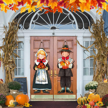 2 Pcs Fall Thanksgiving Pilgrim Boy and Girl Hanging Sign