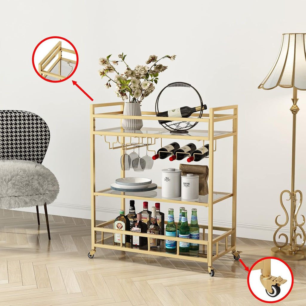 Bar Cart Gold with Bottle Storage and Wine Glass, Rolling Serving Bar Cart on Wheels Indoor & Outdoor, Patio, Gold