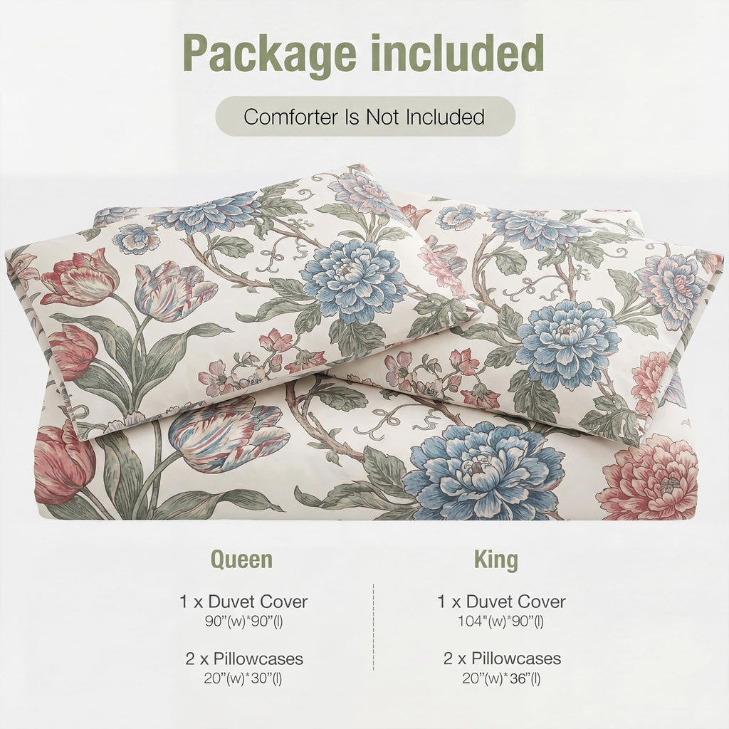 100% Cotton Duvet Cover Set, Digital Printed Vintage Floral Botanical Duvet Cover with Zipper Closure & 8