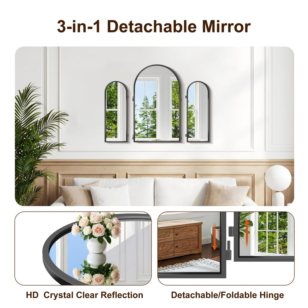 Trifold Vanity Mirror, 30x36Inch 3 Way Mirror Metal Frame, Black Tri Fold Arched Mirror Wall Mounted for Make up