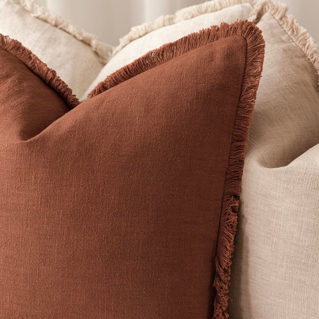 Decorative Linen Fringe Throw Pillow Covers 20×20 Rust Orange