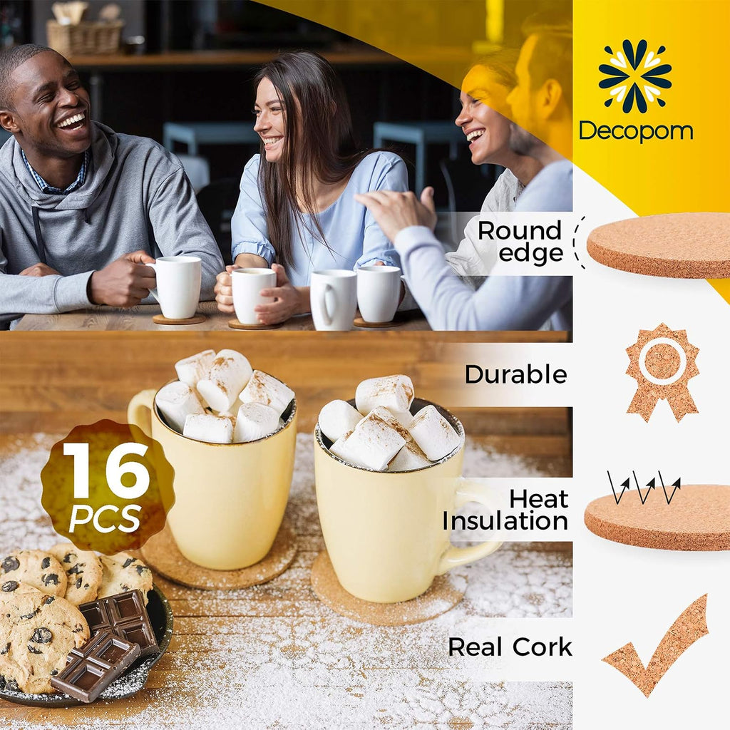 Cork Coasters for Drinks with Metal Holder - Round 4 inch Drink Coaster Thick Absorbent Heat-Resistant Saucer - Set of 16