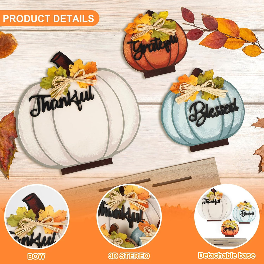 Fall Pumpkin Decor Wooden Table Sign Thankful Blessed Grateful Tabletop for Autumn Farmhouse Vintage - Set of 3