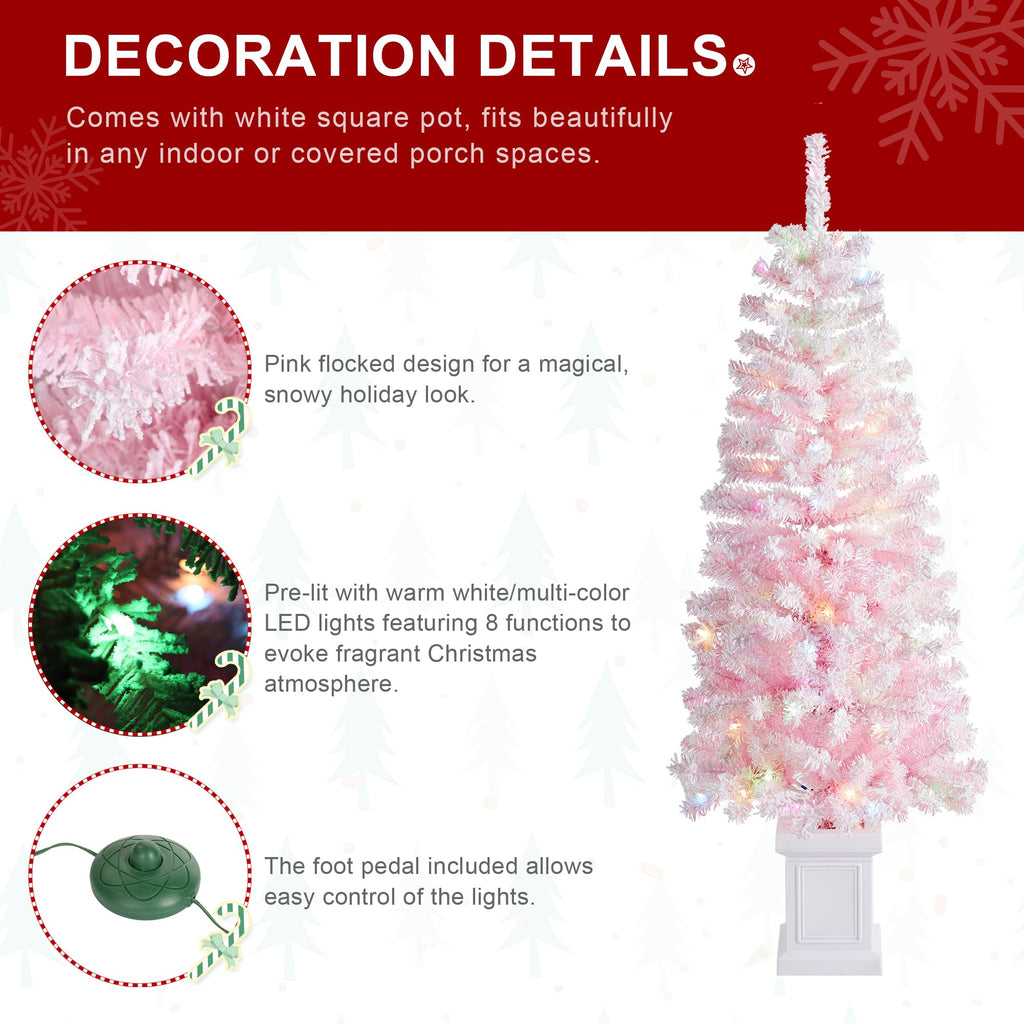 5ft Artificial Prelit Christmas Tree, Pink Christmas Tree Flocked Christmas Porch Tree with 130 Warm