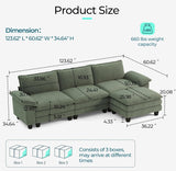 HOME 123'' Modular Sectional Sofa Green Couch Corduroy Cloud Couches for Living Room