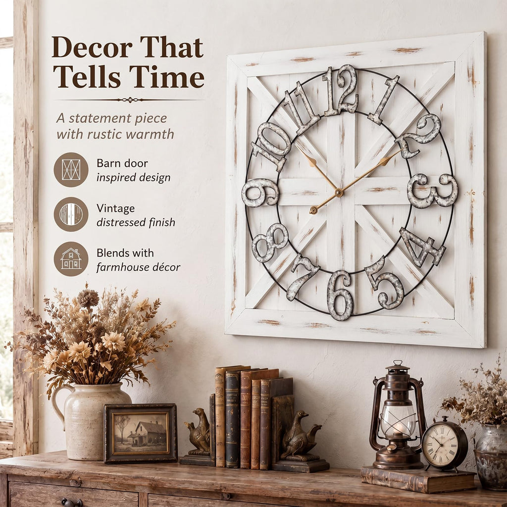 30 Inch Square Farmhouse Wall Clock, Silent Non Ticking Rustic Wooden Clock with Galvanized Numbers, White Vintage