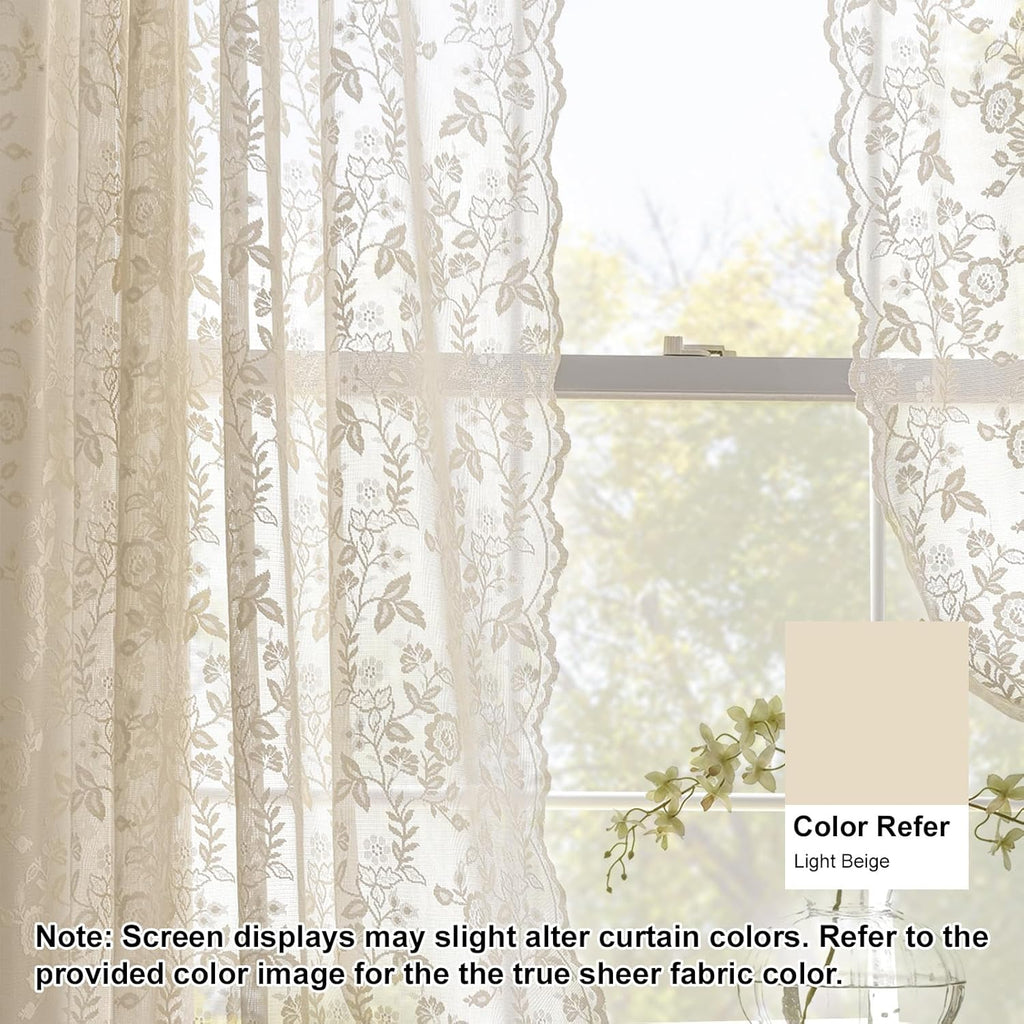 Beige Lace Curtains 36 Inch Length 2 Panels Rusitc Leaf Floral Short Sheer Curtains for Kitchen Window Over Sink, Rod