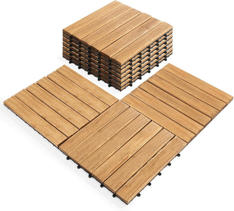 Pack of 10 Deck Tiles - 12"x12" Interlocking Natural Solid Acacia Wood for Outdoor & Indoor, Patio Garden, Balcony
