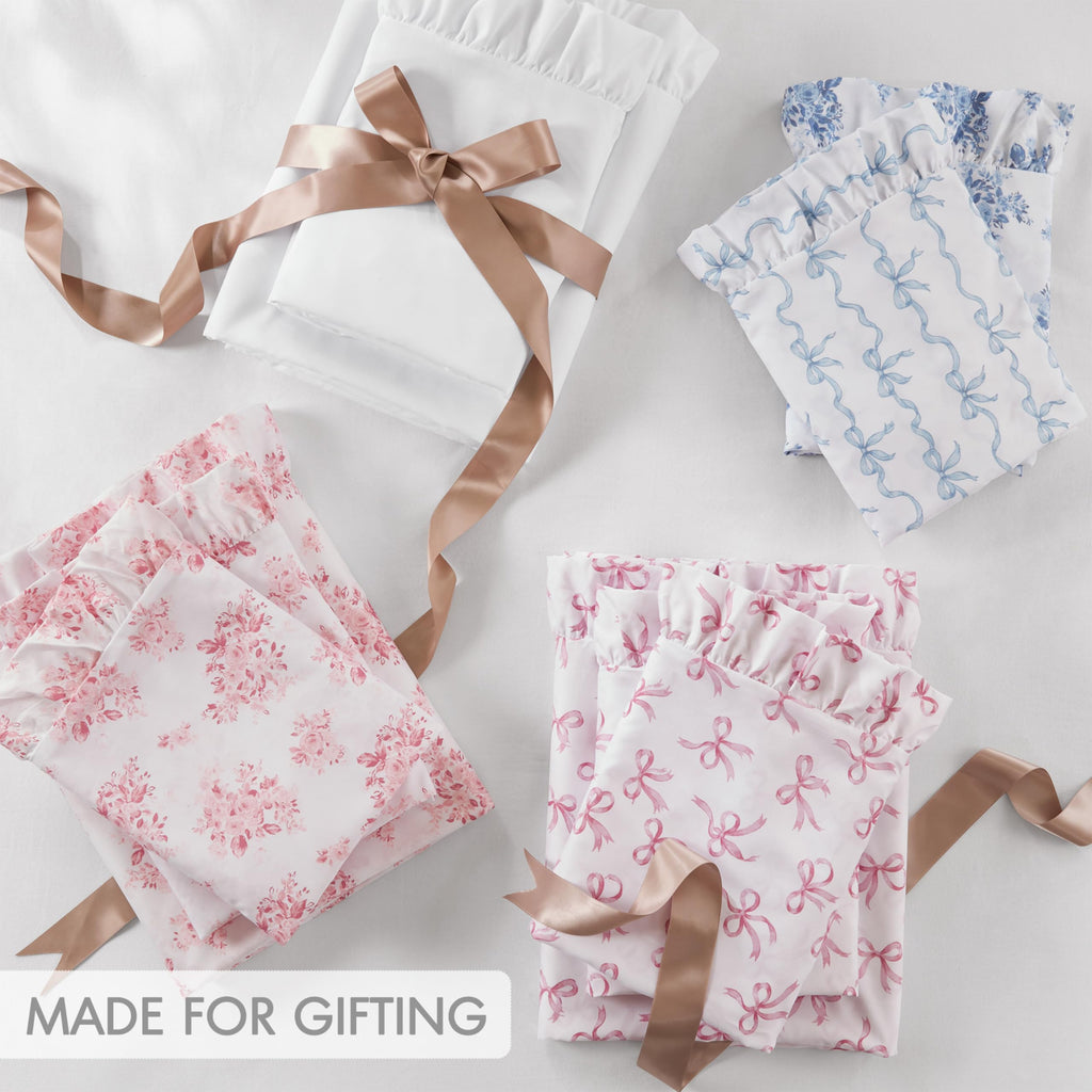 Bow Ruffle Sheet Set 4 Piece, White/Pink