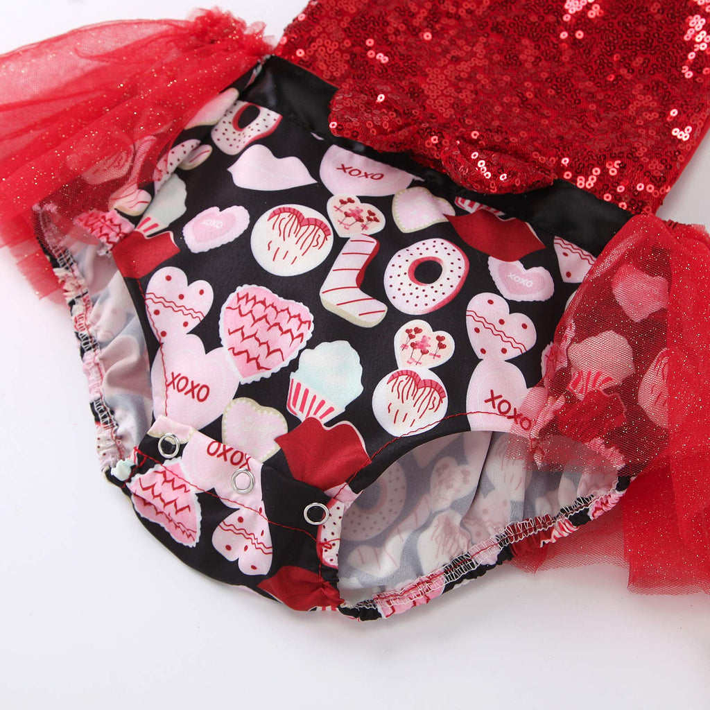 Cute Newborn Infant Baby Girl Sequins Halter Skirted Romper Heart Print Backless Sunsuit Valentine Outfit (Red, 0-6