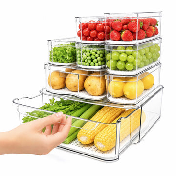 8 Pack Clear Fridge Organizer Bins with Drain Trays - Stackable