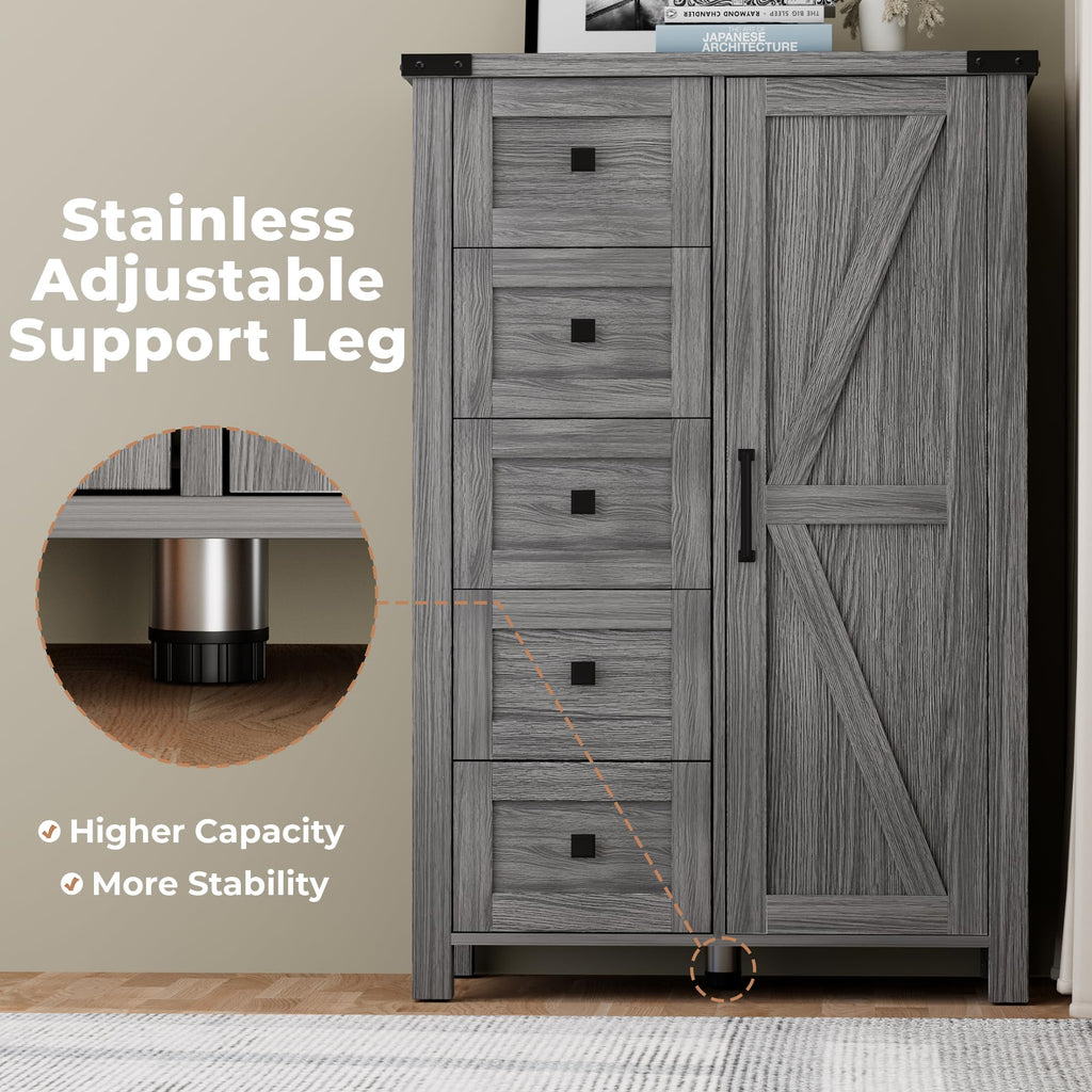 Farmhouse Dresser Storage Cabinet Chest of Drawer, 5 Drawer Dresser with Barn Door, 48 Inch Tall Grey Wood Dresser