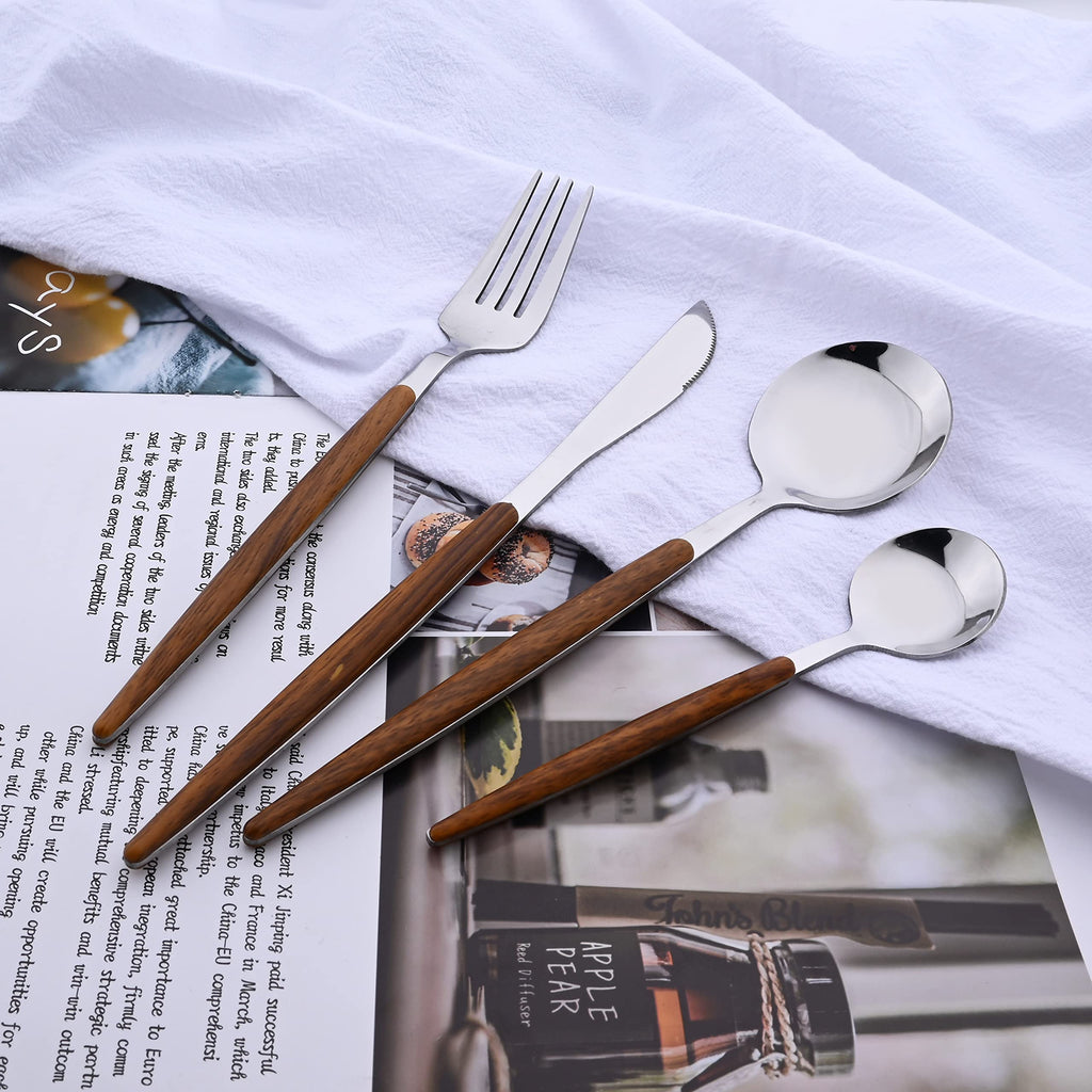 24-Piece Silverware Set for 6, Silver Mirror Polished Stainless Steel Flatware Set, Wooden Effect Handle Utensil Set