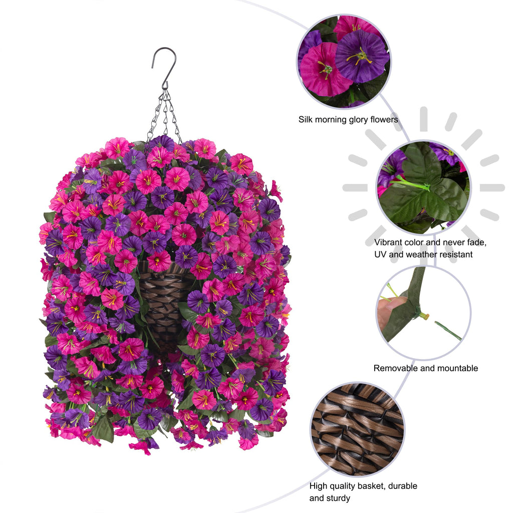 Artificial Fake Hanging Flowers in Basket for Outdoor Indoor Decoration, UV Resistant Faux Silk Dark Purple and