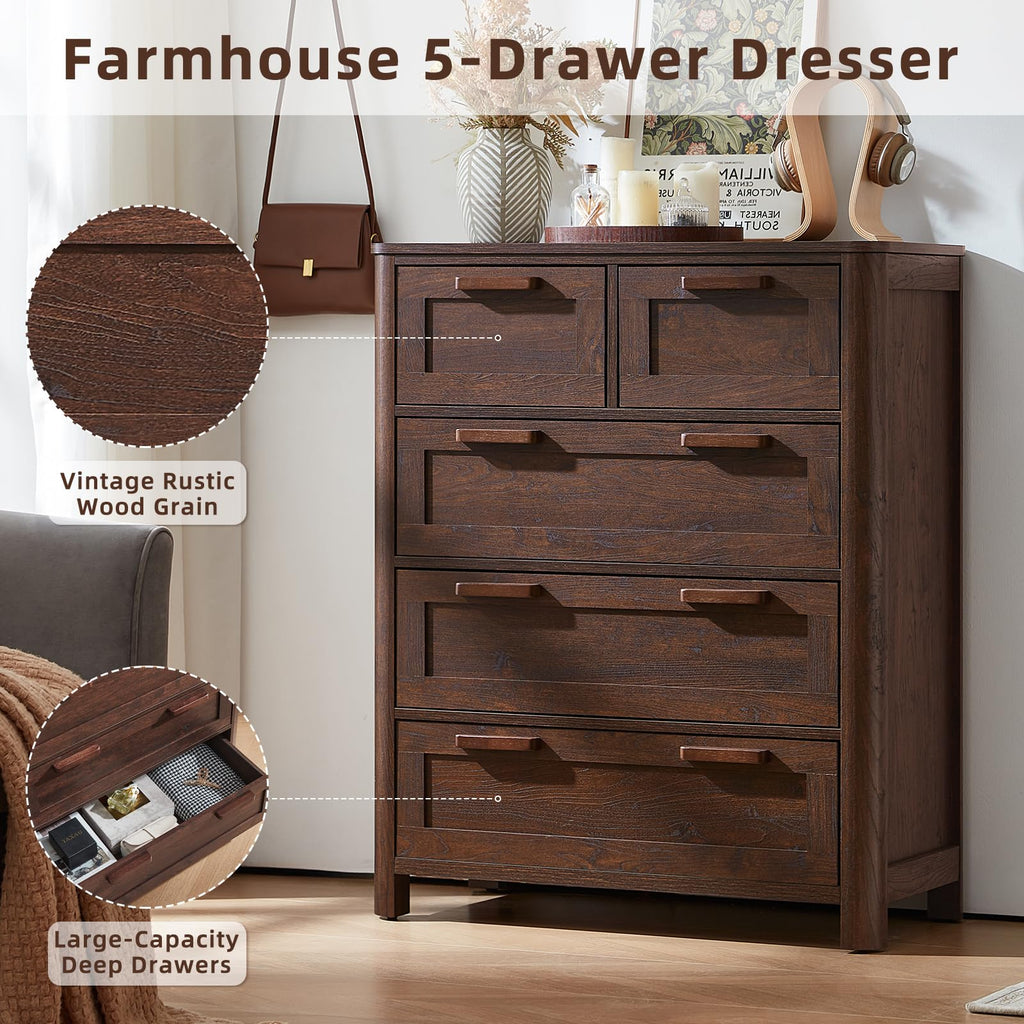 Farmhouse 5 Drawer Dressers, Walnut