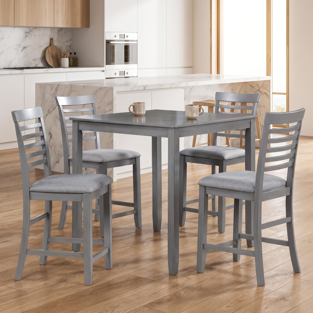 5 Piece Counter Height Dining Table Set, Farmhouse Wooden Dinner Table Set for 4, 34.5" Square Table & 4 Ladder Back