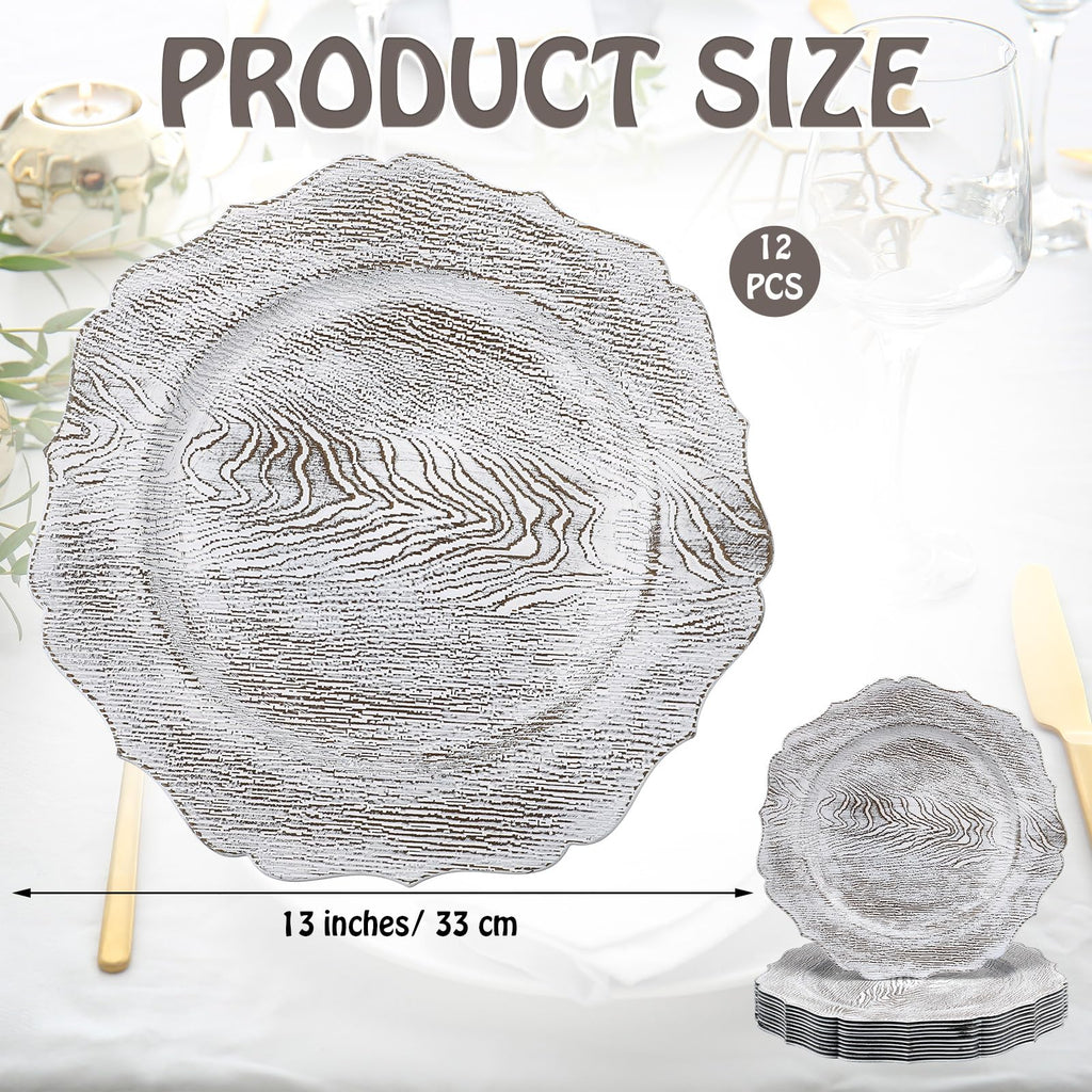Set of 12 13" Acrylic Faux Wood Chargers Plates, White