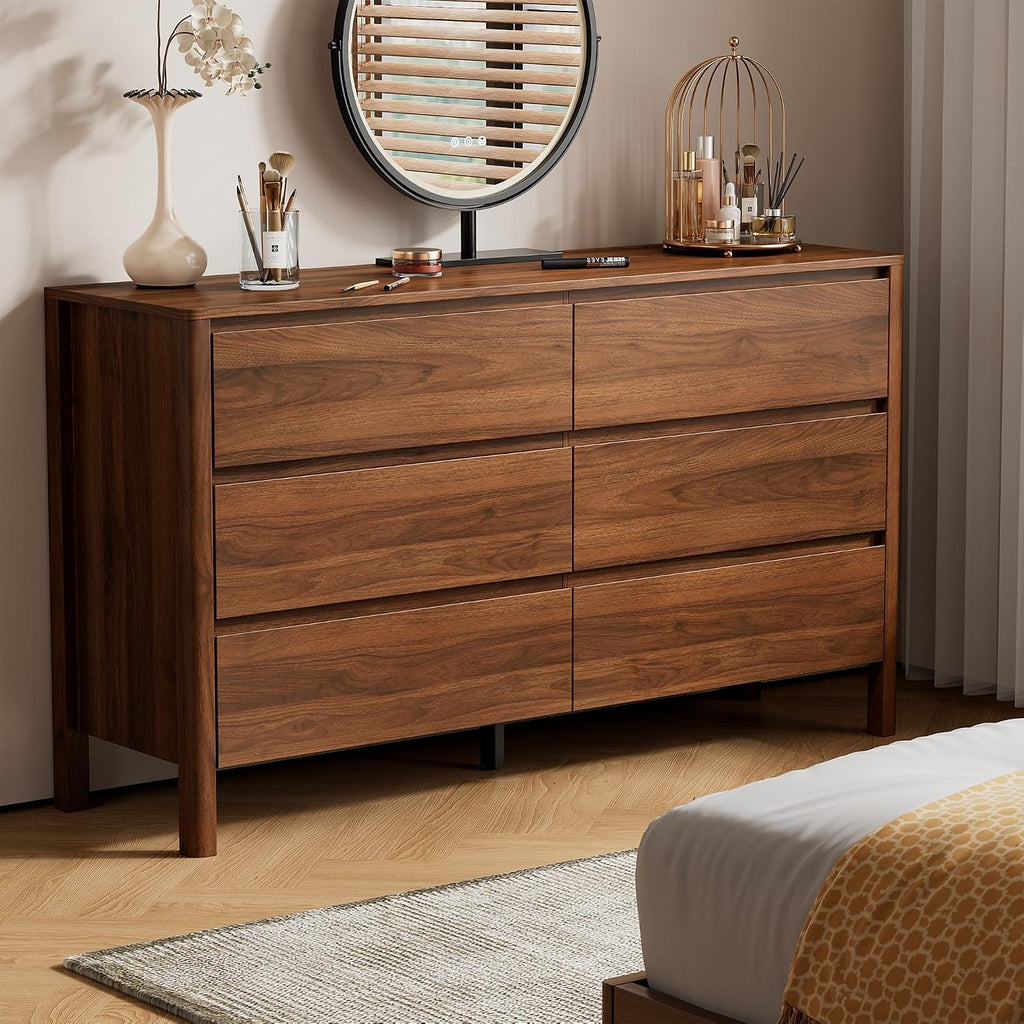 Walnut Mid-Century Modern 3 Piece Bedroom Furniture Set, 6 Drawer Dresser with Handleless Wood Grain Design and