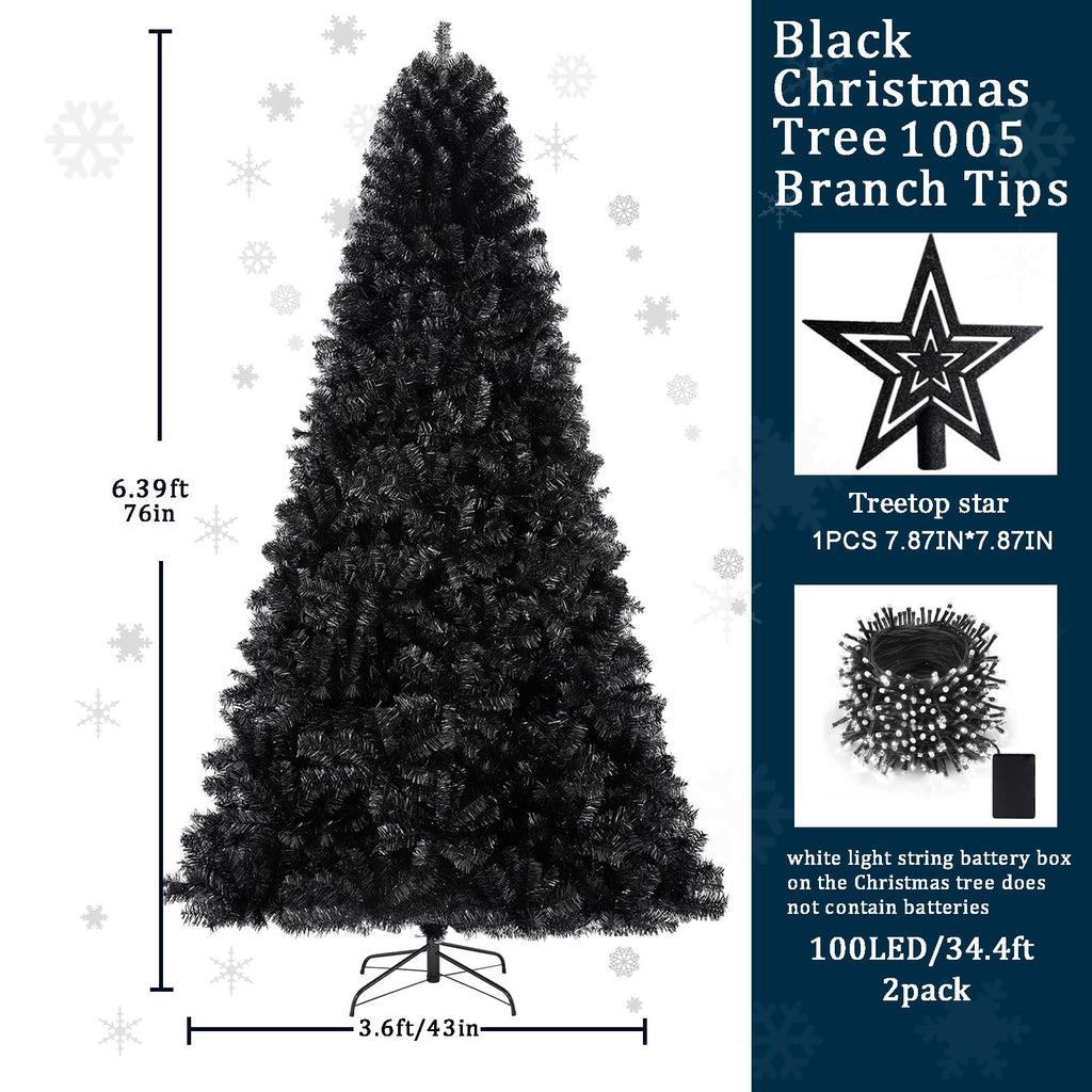 6ft Artificial Black Christmas Tree Outdoor Black Halloween Tree Decorations with 1005 Tips Led String Lights Pencil
