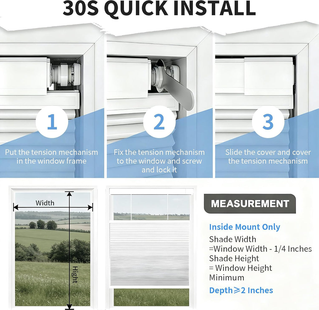 Dual Tension Rod Blinds No Drill Top Down Bottom Up Cellular Shades | 1.5"Cell | Minimal Light Leak | Insulation