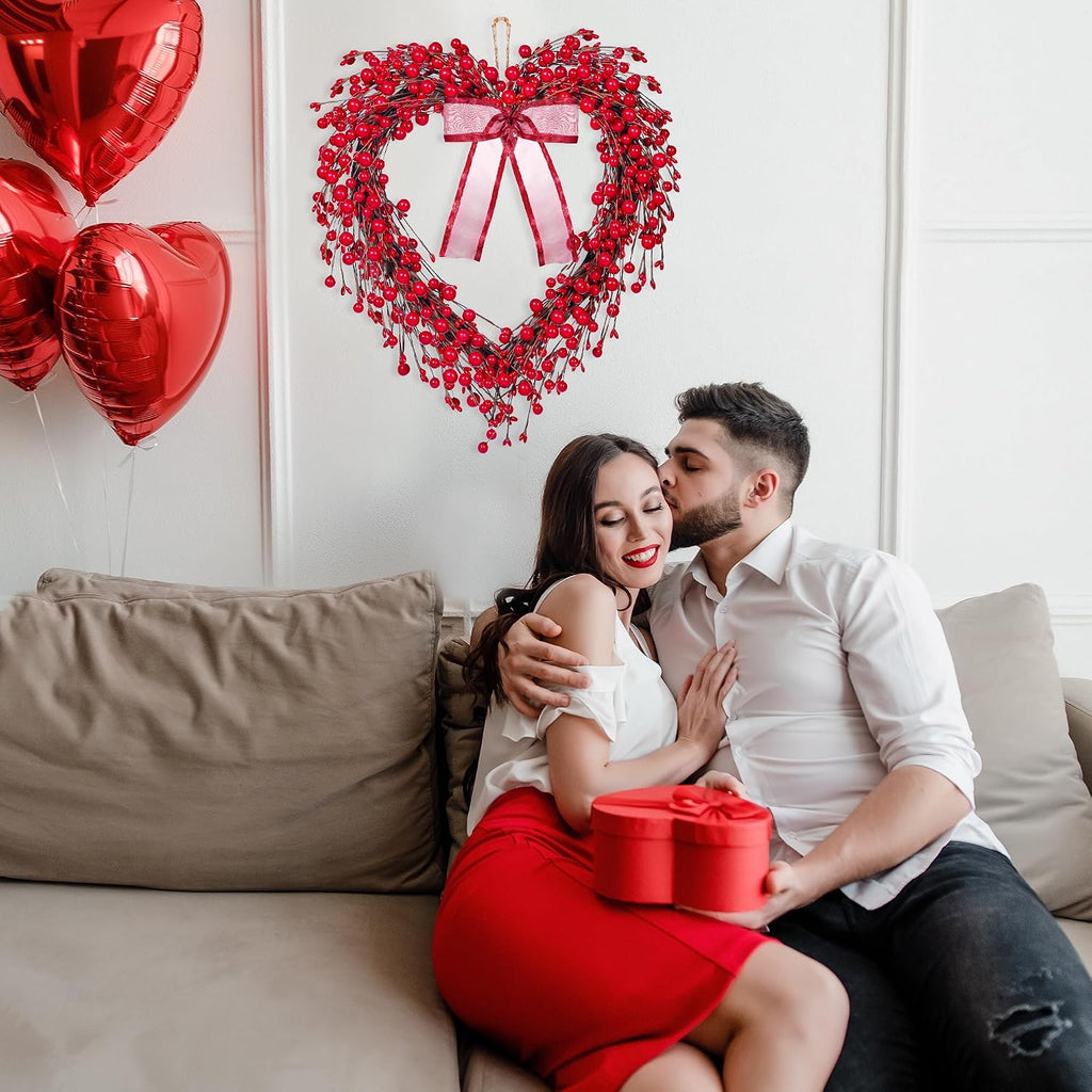 16in Valentine's Day Heart Wreath with Red Berries Red Heart Wreaths Handmade Valentines Day Wreath Rustic Twig