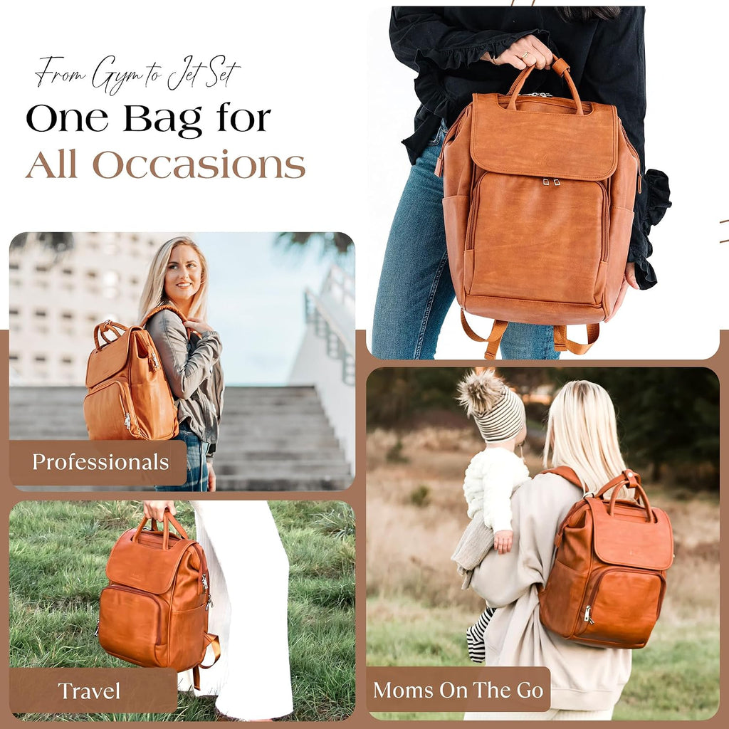 Collective Explorer Brown Diaper Bag Backpack - Vegan Leather Diaper Bag with Shoulder Strap, Insulated Bottle
