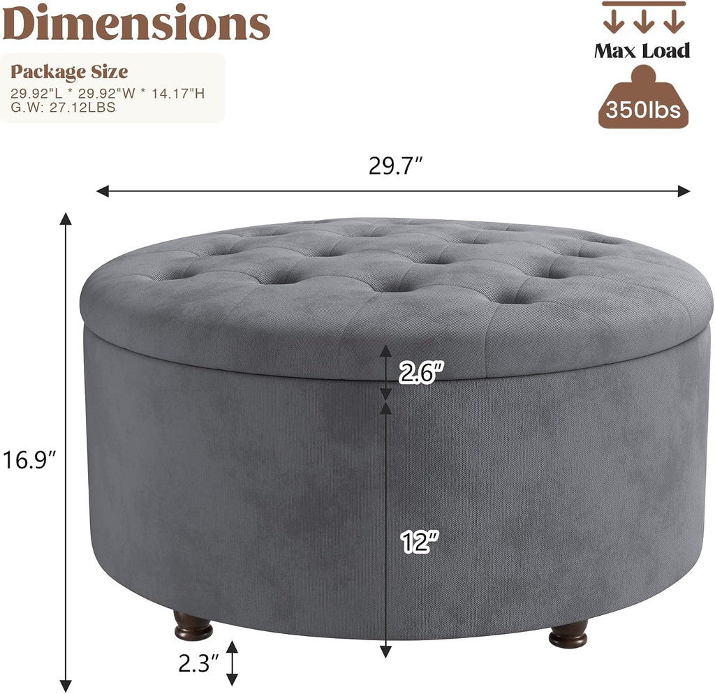 30 Inch Round Storage Ottoman,Modern Tufted Ottomans,Circular Coffee Table with Removable Top,Upholstered Large