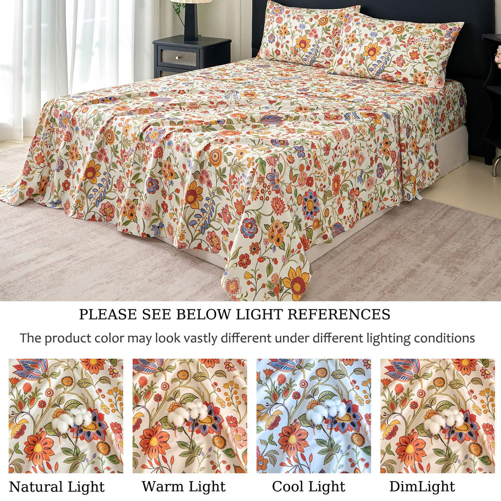 Floral Sheets California King 100% Percale Cotton Orange & Green Boho Bed Sheet Set, Soft Breathable Crisp Sunflower