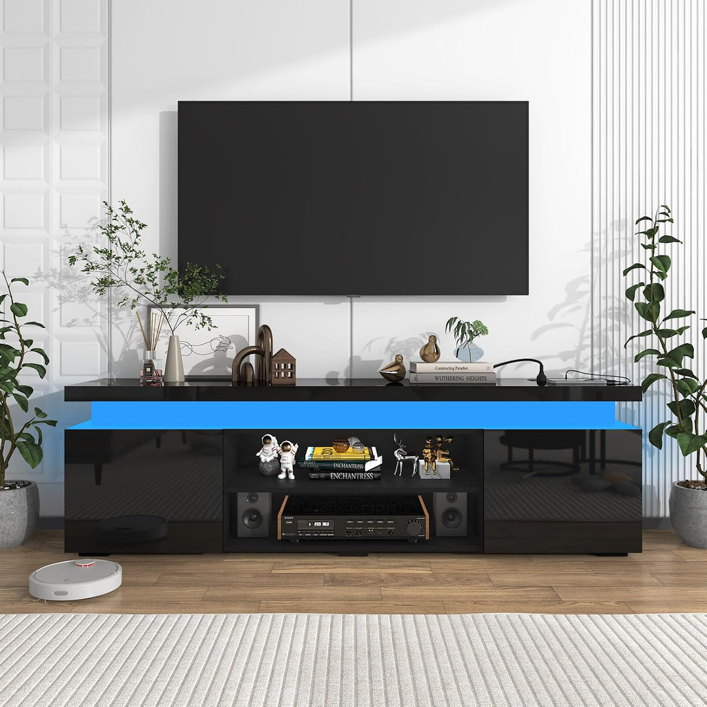 LED TV Stand for 75 Inch TV, Modern TV Stand with Power Outlet, High Gloss TV Console Entertainment Center with