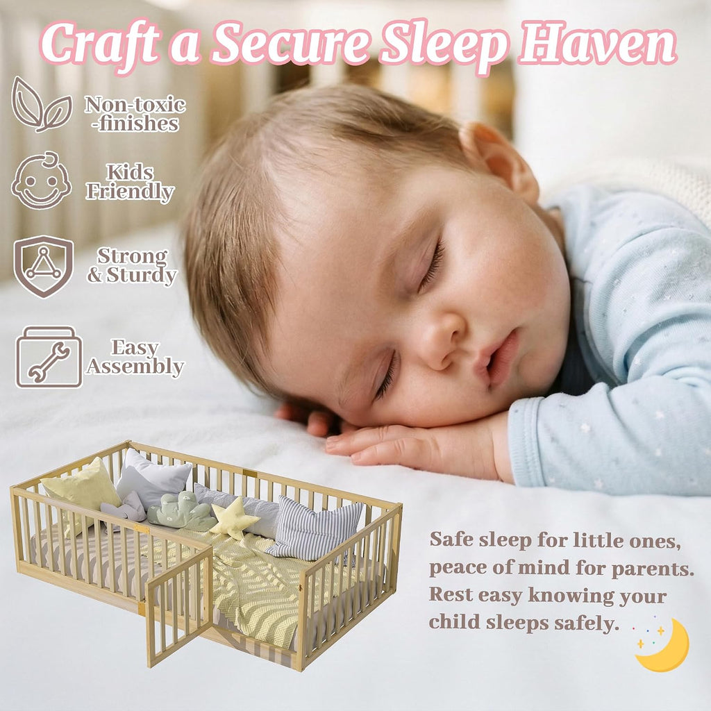 Twin Montessori Floor Bed Frame with High Rails and Door, Wood Twin Floor Bed with Slats, Low Profile Kids Bed Frame