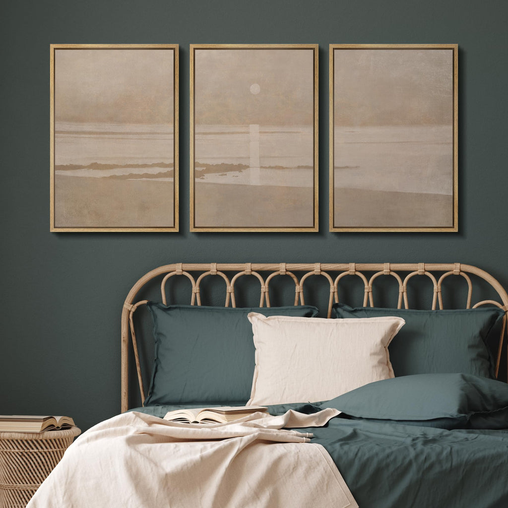 Framed Canvas Print Wall Art Set Muted Beige Minimalist Seascape Illustrations Modern Art Relax/Calm - 16"x24"x3
