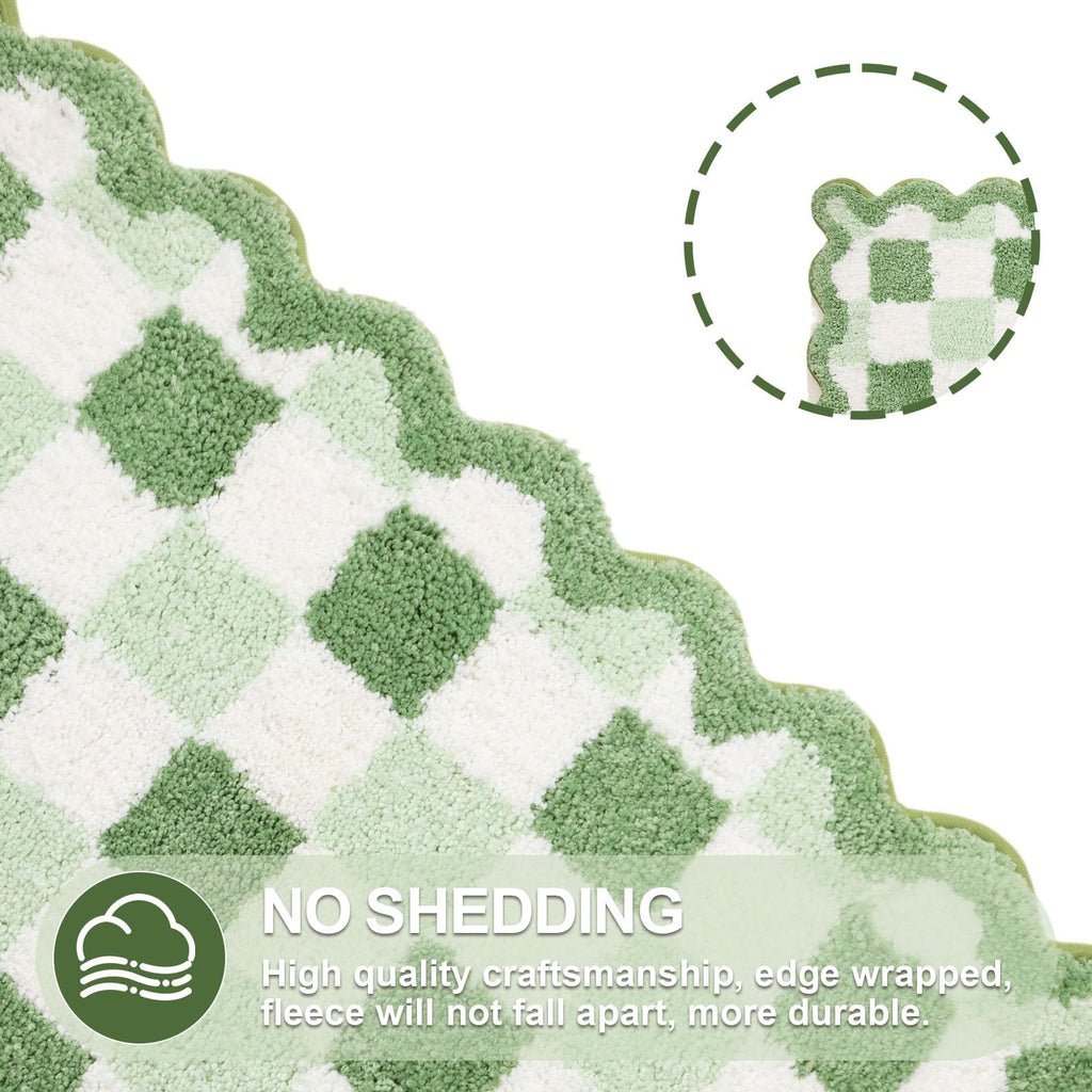 Cute Green Checkered Scalloped Bath Mat, Fun Plush Microfiber Bathroom Rugs Non Slip Washable Quick Dry Absorbent