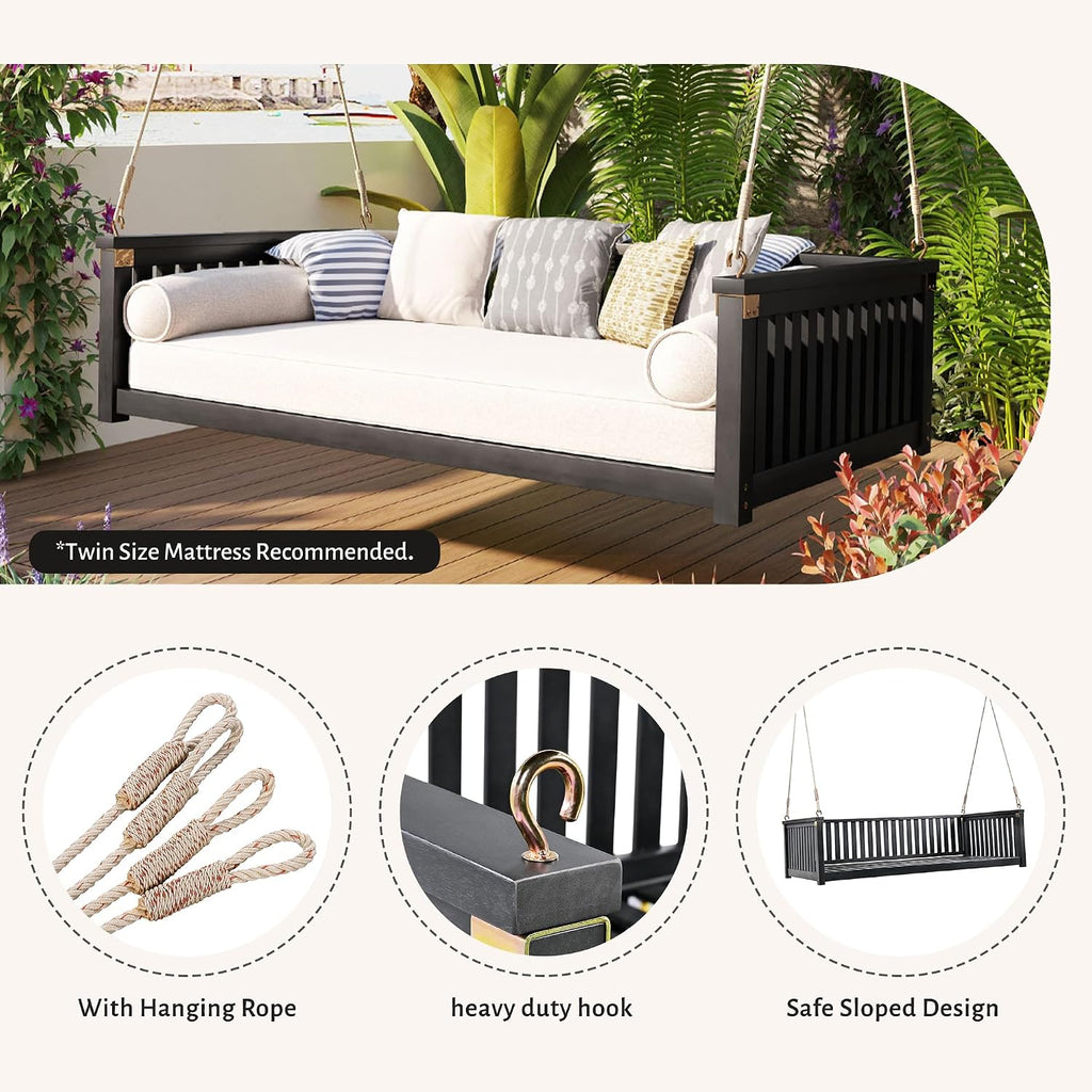 Black Wooden Porch Swing Bed with Safety Rails, 3-Seater Hanging Daybed Swing with Ropes, Outdoor Patio Bench Swing