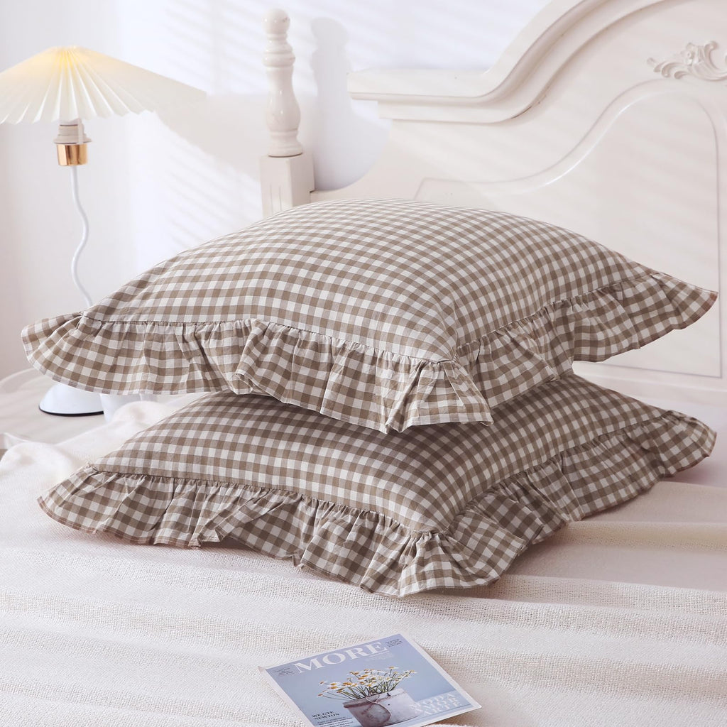 Taupe Plaid Gingham Ruffle Decorative Throw Pillow Covers 18"x18"