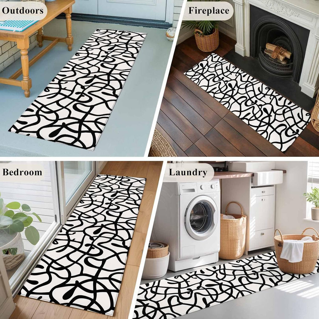 Abstract Line Runner Rug Non Slip 2x6 Retro Black Wave Line Art White Minimalist Washable Rug Runner s Low Pile