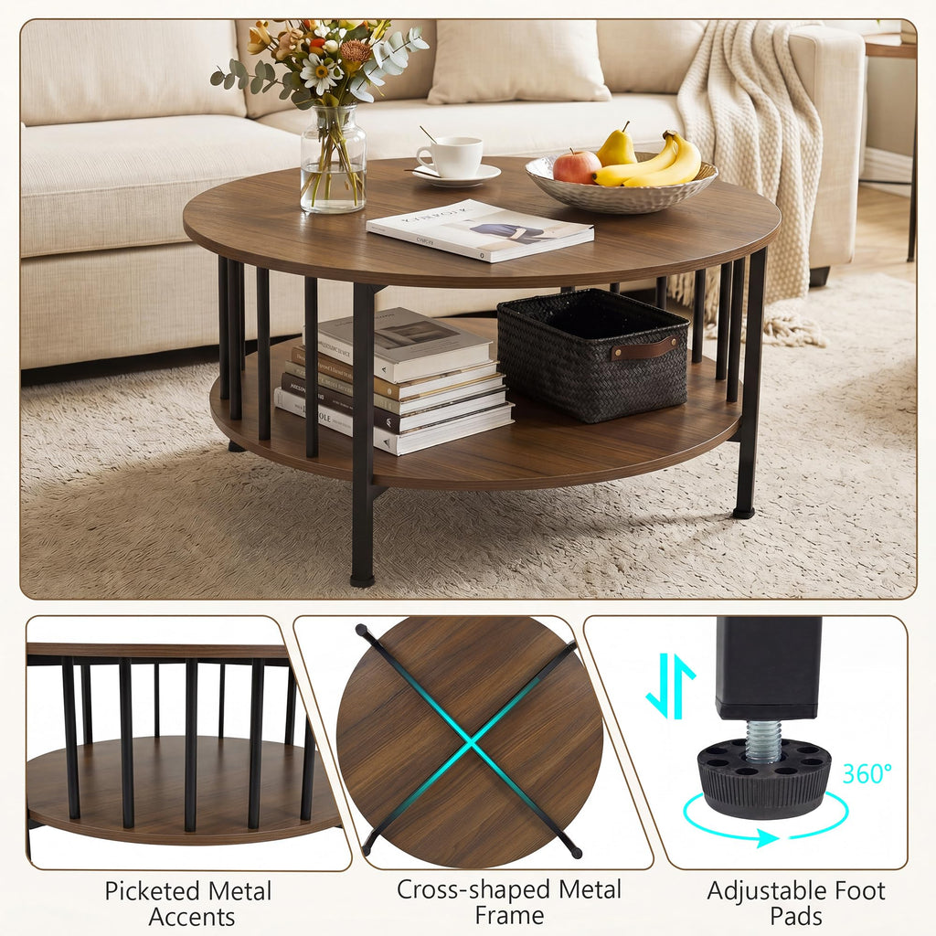 Farmhouse Round Coffee Table, 32.5" Wood Center Table with Storage & Metal Slatted Sides Frame, 2-Tier Accent