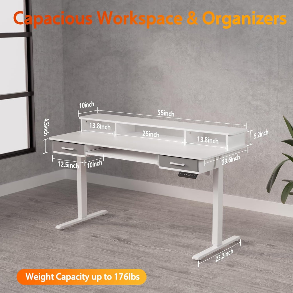 55 Inches Electric Standing Desk with Keyboard Tray, Height Adjustable Sit to Stand Table with 2 Drawers, Ergonomic